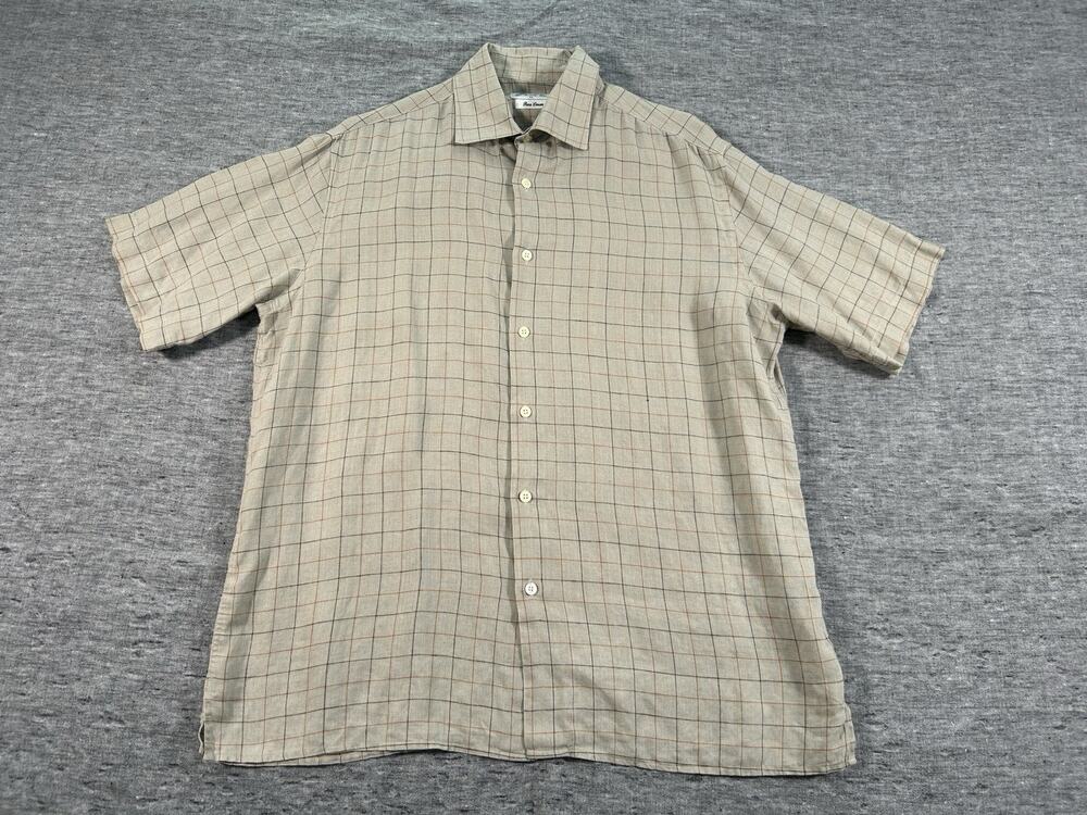 Thomas Pink Linen Shirt Mens Medium Plaid Short Sleeve Lightweight Breathable